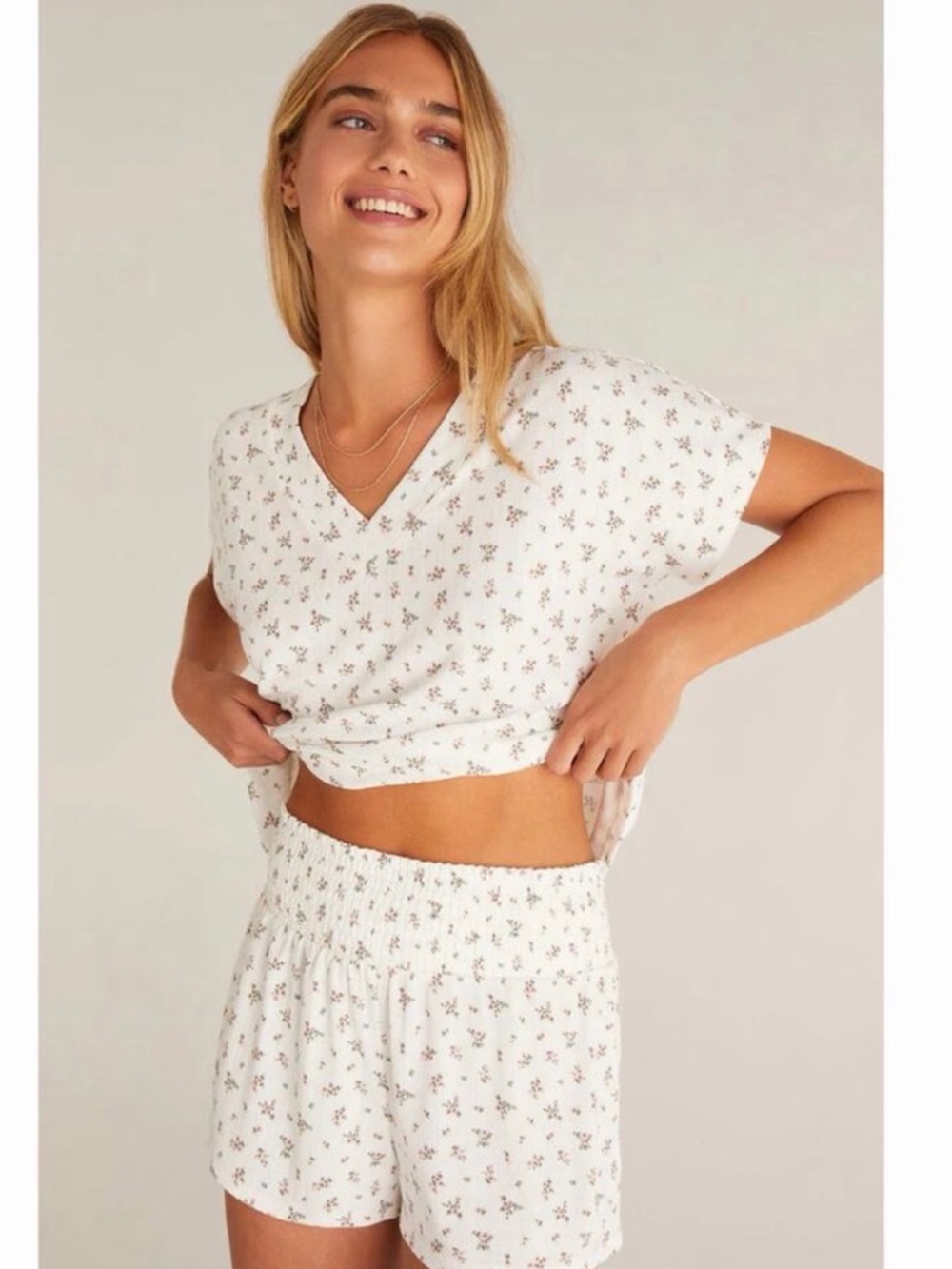 Z Supply Floral Lounge Top & Shorts - Cream and Pink